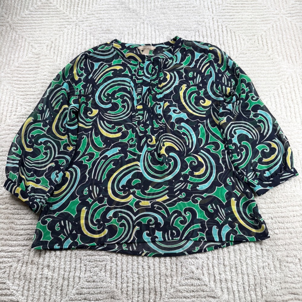 Banana Republic Blouse Women M Green Swirl Funky Top Vibrant Retro Career Work